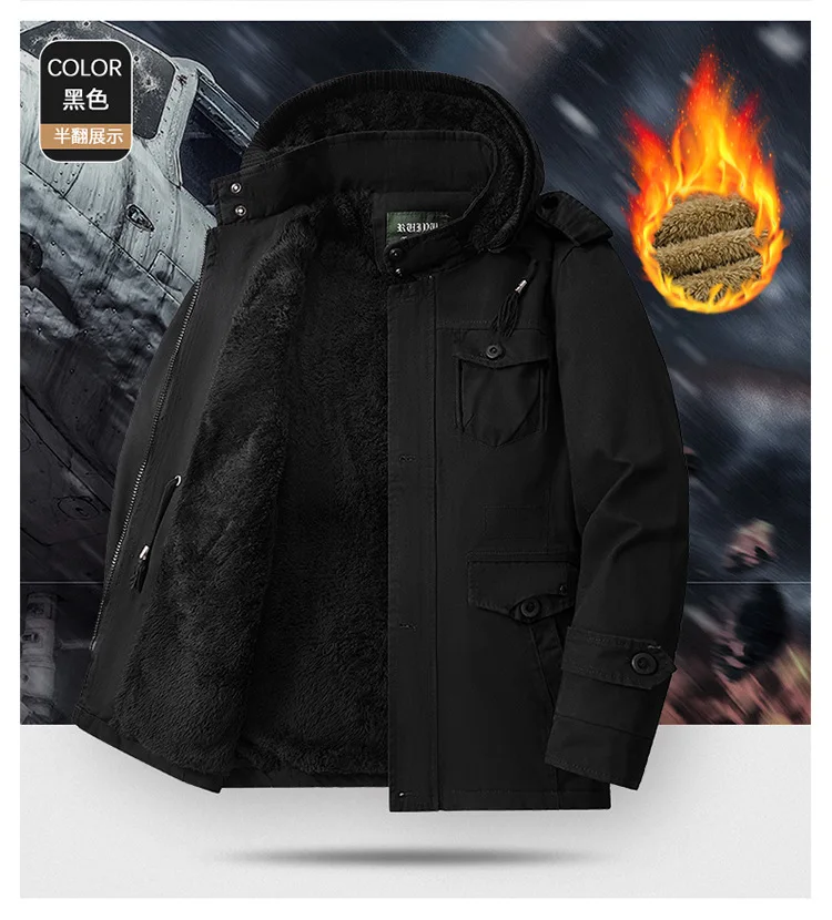 Mens Winter Pure Cotton Mid Length Hooded Workwear Padded Jacket Fleece Lined Thickened Warm Casual Outerwear Coat For Outdoor