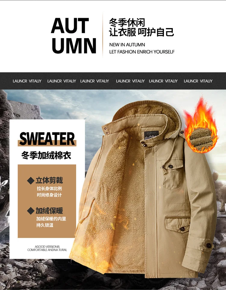 Mens Winter Pure Cotton Mid Length Hooded Workwear Padded Jacket Fleece Lined Thickened Warm Casual Outerwear Coat For Outdoor