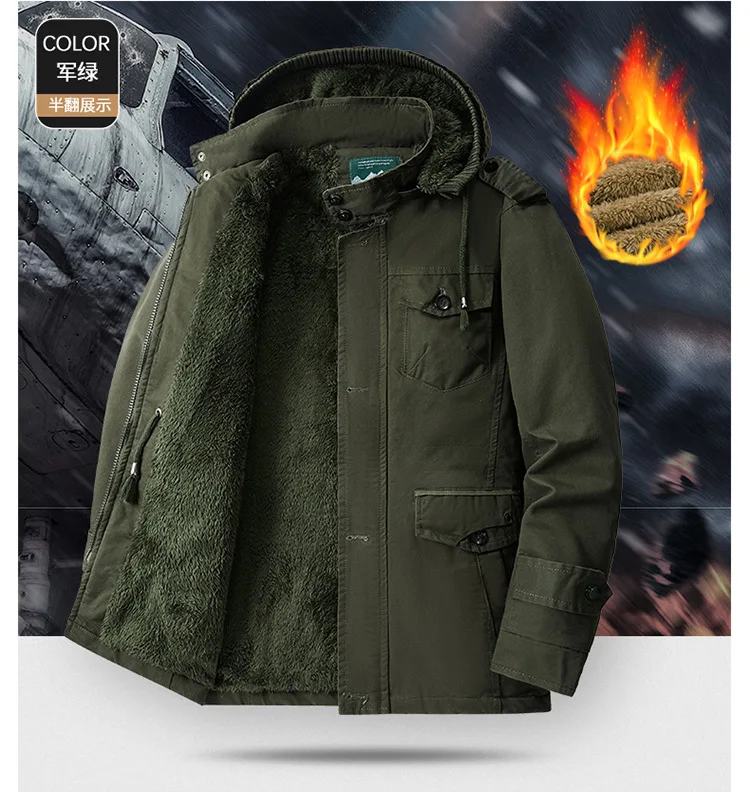 Mens Winter Pure Cotton Mid Length Hooded Workwear Padded Jacket Fleece Lined Thickened Warm Casual Outerwear Coat For Outdoor