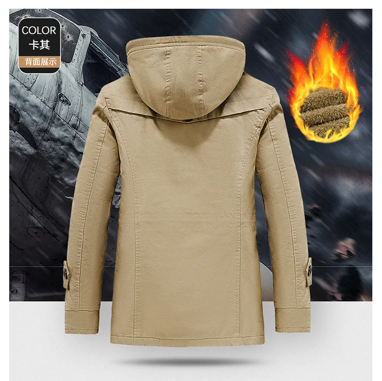 Mens Winter Pure Cotton Mid Length Hooded Workwear Padded Jacket Fleece Lined Thickened Warm Casual Outerwear Coat For Outdoor