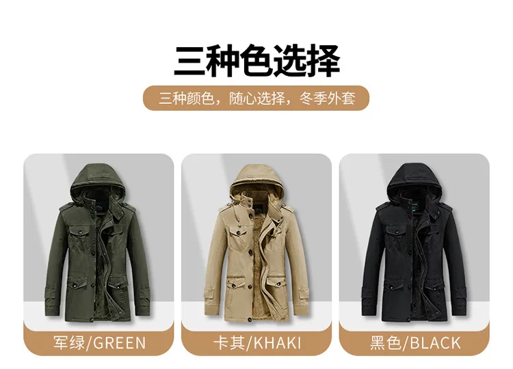 Mens Winter Pure Cotton Mid Length Hooded Workwear Padded Jacket Fleece Lined Thickened Warm Casual Outerwear Coat For Outdoor