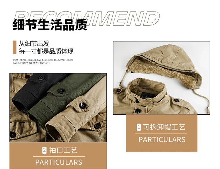 Mens Winter Pure Cotton Mid Length Hooded Workwear Padded Jacket Fleece Lined Thickened Warm Casual Outerwear Coat For Outdoor