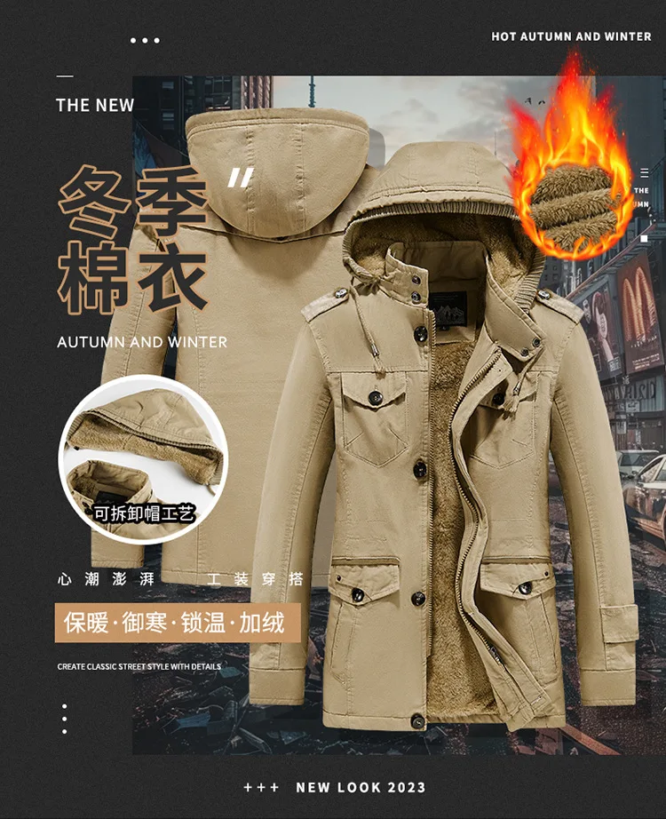 Mens Winter Pure Cotton Mid Length Hooded Workwear Padded Jacket Fleece Lined Thickened Warm Casual Outerwear Coat For Outdoor