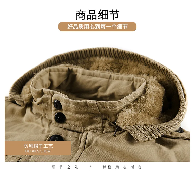 Mens Winter Pure Cotton Mid Length Hooded Workwear Padded Jacket Fleece Lined Thickened Warm Casual Outerwear Coat For Outdoor