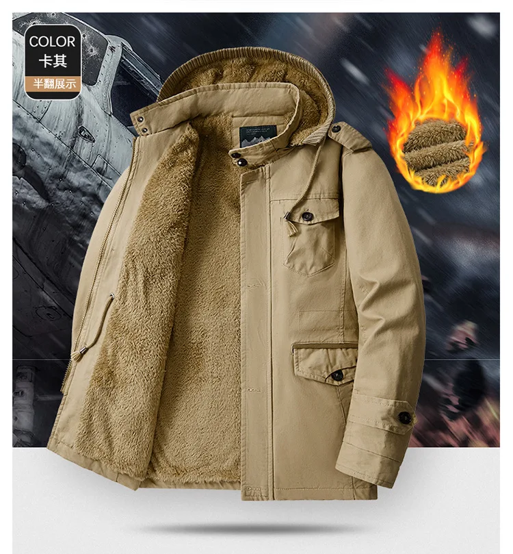 Mens Winter Pure Cotton Mid Length Hooded Workwear Padded Jacket Fleece Lined Thickened Warm Casual Outerwear Coat For Outdoor