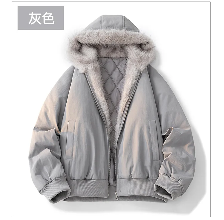 Korean Winter Splicing Fur Collar Loose Fashion Trend Hooded Men's Long Sleeve Short Fleece Thickened Warm Zipper Short Jacket