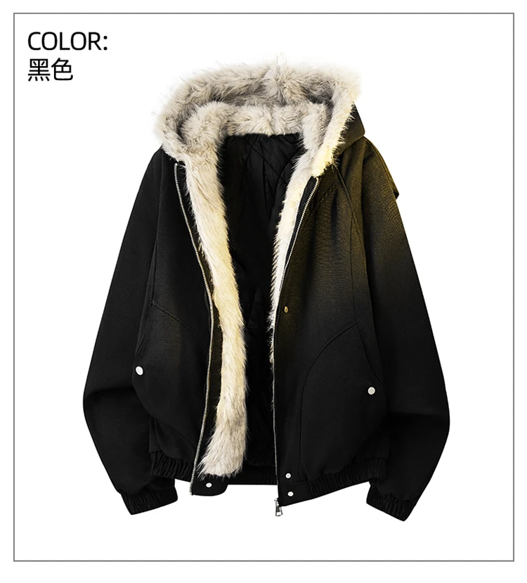 Autumn Winter Ladies Loose Hooded Parka Jacket American Vintage Thick Fleece Fur Collar Padded Cotton Coat Daily Travel Fashion