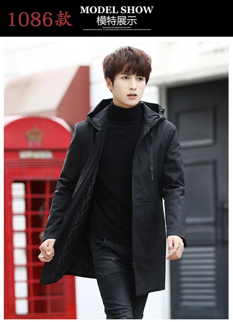 Handsome Parkas Mens Autumn Winter Mid Length Hooded Parkas Slim Fit Korean Style Thickened Windproof Warm Youth Plus Size Parka