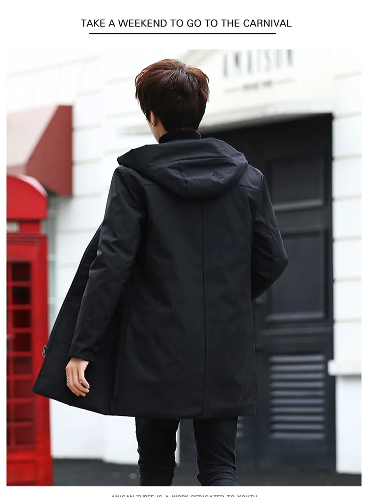 Handsome Parkas Mens Autumn Winter Mid Length Hooded Parkas Slim Fit Korean Style Thickened Windproof Warm Youth Plus Size Parka