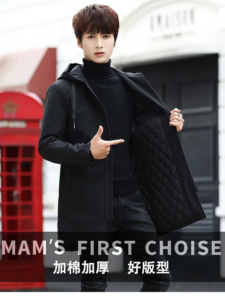 Handsome Parkas Mens Autumn Winter Mid Length Hooded Parkas Slim Fit Korean Style Thickened Windproof Warm Youth Plus Size Parka