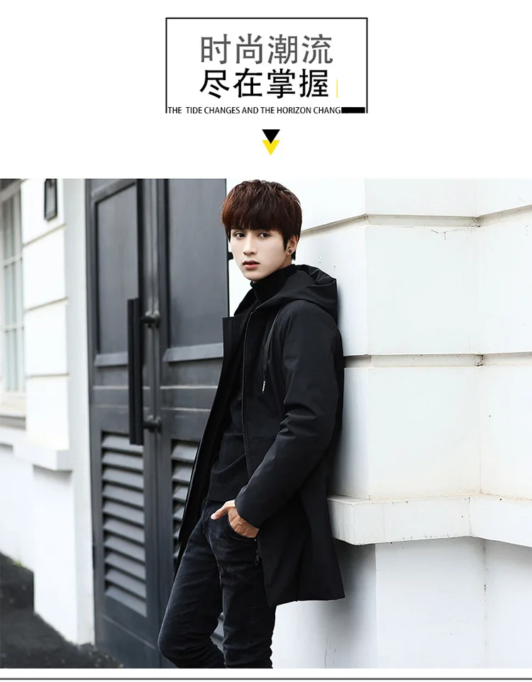 Handsome Parkas Mens Autumn Winter Mid Length Hooded Parkas Slim Fit Korean Style Thickened Windproof Warm Youth Plus Size Parka