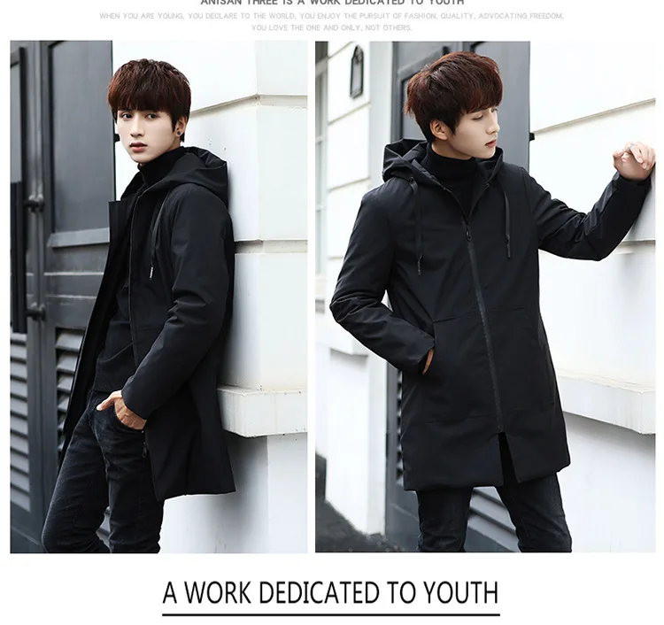 Handsome Parkas Mens Autumn Winter Mid Length Hooded Parkas Slim Fit Korean Style Thickened Windproof Warm Youth Plus Size Parka