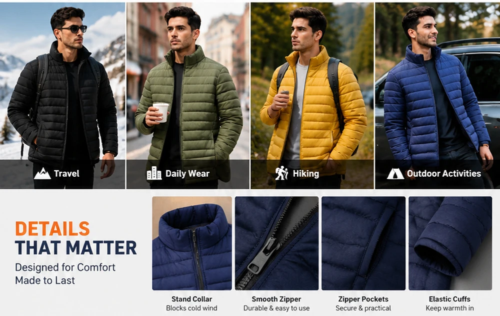 Winter Mens Lightweight Warm Cargo Parkas Coats Men Stand Collar Windbreaker Coats Classic Men Thermal Windbreaker Padded Jacket