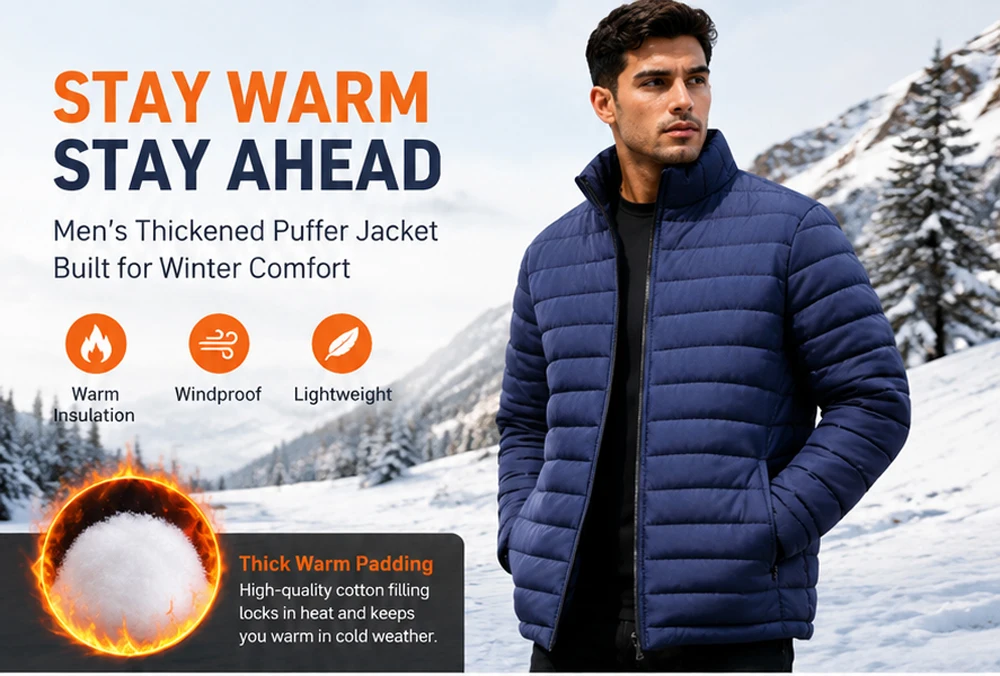 Winter Mens Lightweight Warm Cargo Parkas Coats Men Stand Collar Windbreaker Coats Classic Men Thermal Windbreaker Padded Jacket