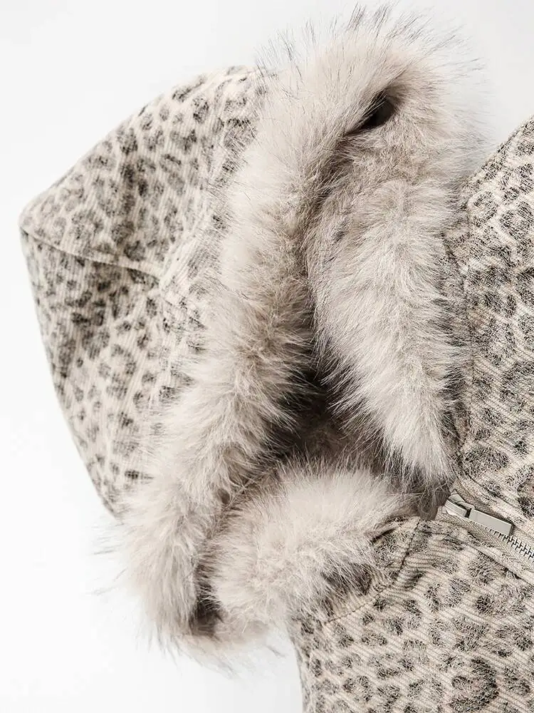 FEWQ Niche Design Men's Fleece Jackets Hooded Leopard Print Fur Thick Padded Coats Thermal Contrast Color Male Clothing CPG2405