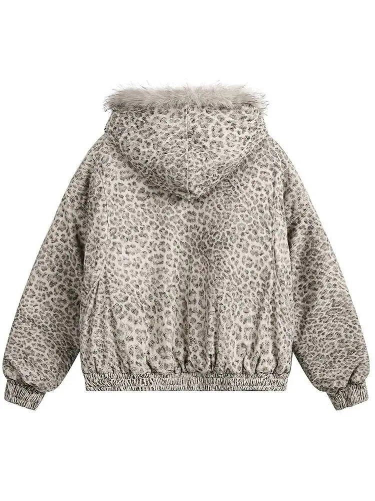FEWQ Niche Design Men's Fleece Jackets Hooded Leopard Print Fur Thick Padded Coats Thermal Contrast Color Male Clothing CPG2405