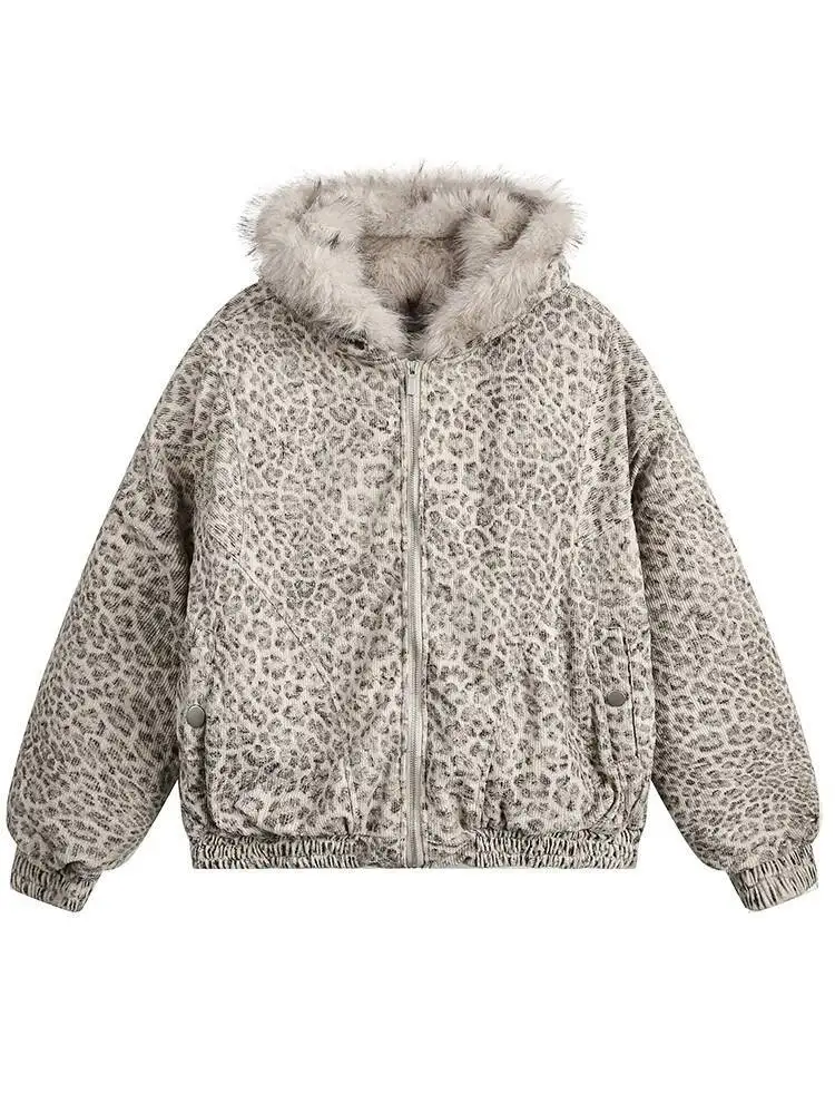FEWQ Niche Design Men's Fleece Jackets Hooded Leopard Print Fur Thick Padded Coats Thermal Contrast Color Male Clothing CPG2405