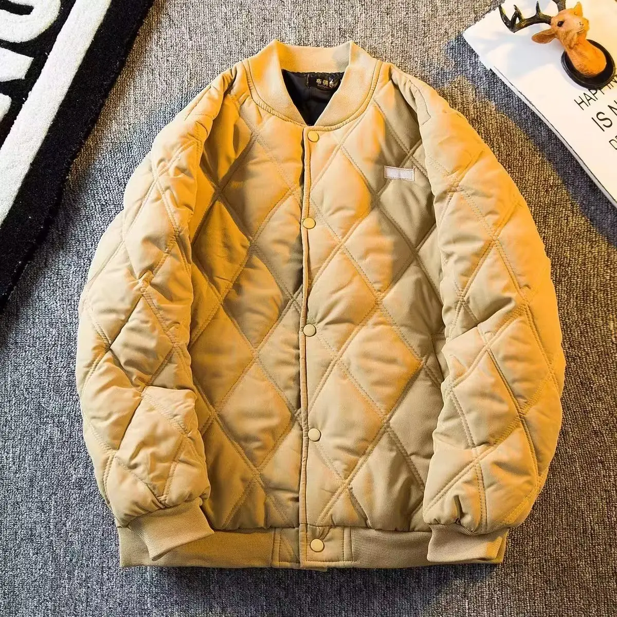 Fashion Mens Diamond Quilted Parkas Winter Style Japanese Retro Trendy Casual Baseball Uniform Warm Parkas Brand Mens Outerwear