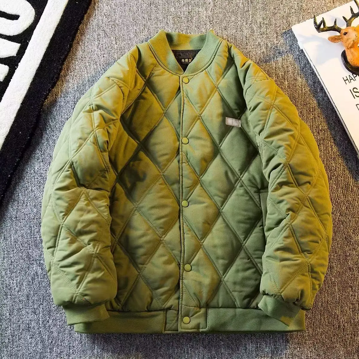 Fashion Mens Diamond Quilted Parkas Winter Style Japanese Retro Trendy Casual Baseball Uniform Warm Parkas Brand Mens Outerwear
