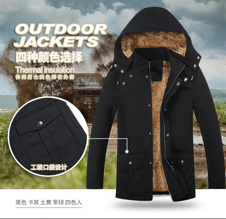 Men New Hooded Fleece Lined Parkas Men Loose Thickened Outerwear Men Mid Length Windbreaker Parkas Male Daily Plush Outerwear