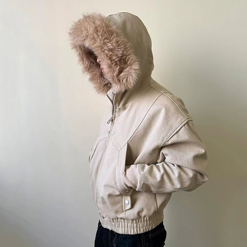 FEWQ American Retro Men's Thick Cotton Jacket With Fur Collar Casual All-match Canvas Washed Top 2026 Autumn New 24W3847