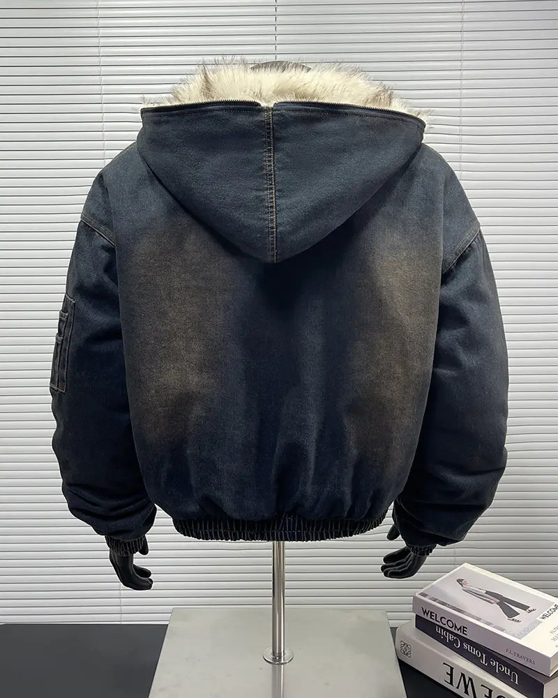 Men's Vintage Washed Denim Jacket with Faux Fur Hood Oversized Warm Bomber Coat Casual Streetwear Workwear Overcoat Outerwear