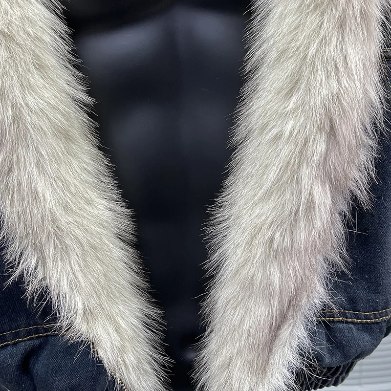Men's Vintage Washed Denim Jacket with Faux Fur Hood Oversized Warm Bomber Coat Casual Streetwear Workwear Overcoat Outerwear