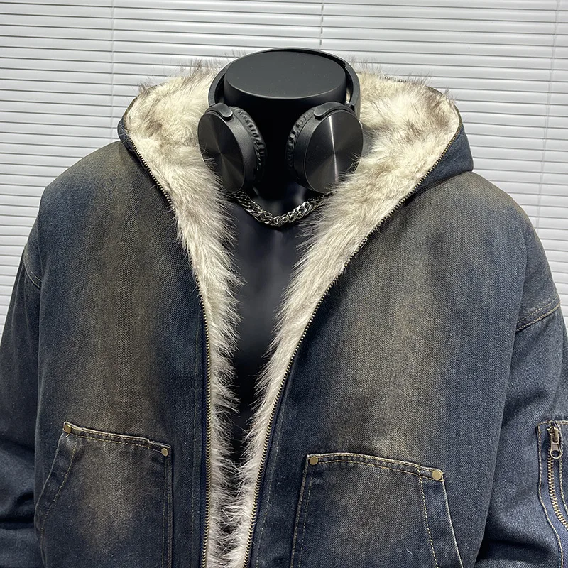 Men's Vintage Washed Denim Jacket with Faux Fur Hood Oversized Warm Bomber Coat Casual Streetwear Workwear Overcoat Outerwear