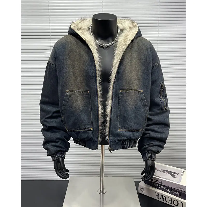 Men's Vintage Washed Denim Jacket with Faux Fur Hood Oversized Warm Bomber Coat Casual Streetwear Workwear Overcoat Outerwear