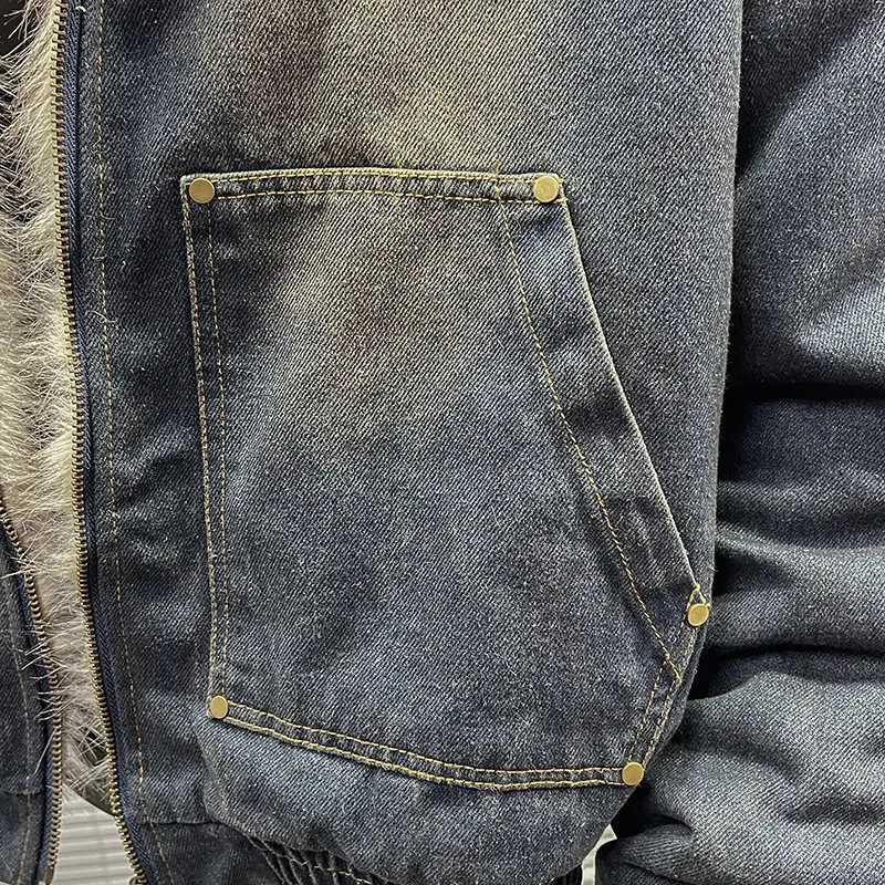 Men's Vintage Washed Denim Jacket with Faux Fur Hood Oversized Warm Bomber Coat Casual Streetwear Workwear Overcoat Outerwear