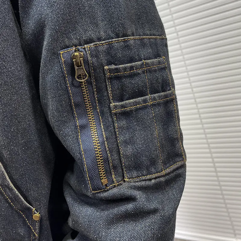 Men's Vintage Washed Denim Jacket with Faux Fur Hood Oversized Warm Bomber Coat Casual Streetwear Workwear Overcoat Outerwear