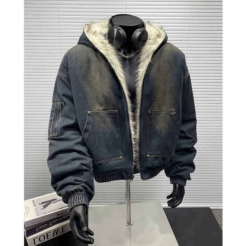 Men's Vintage Washed Denim Jacket with Faux Fur Hood Oversized Warm Bomber Coat Casual Streetwear Workwear Overcoat Outerwear