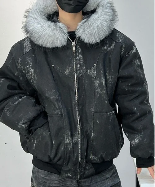 Mens Thick Fleece Lined Bomber Jacket Detachable Faux Fur Trim Hood Windbreaker Distressed Denim Style Zip Up Warm Coat Outwear
