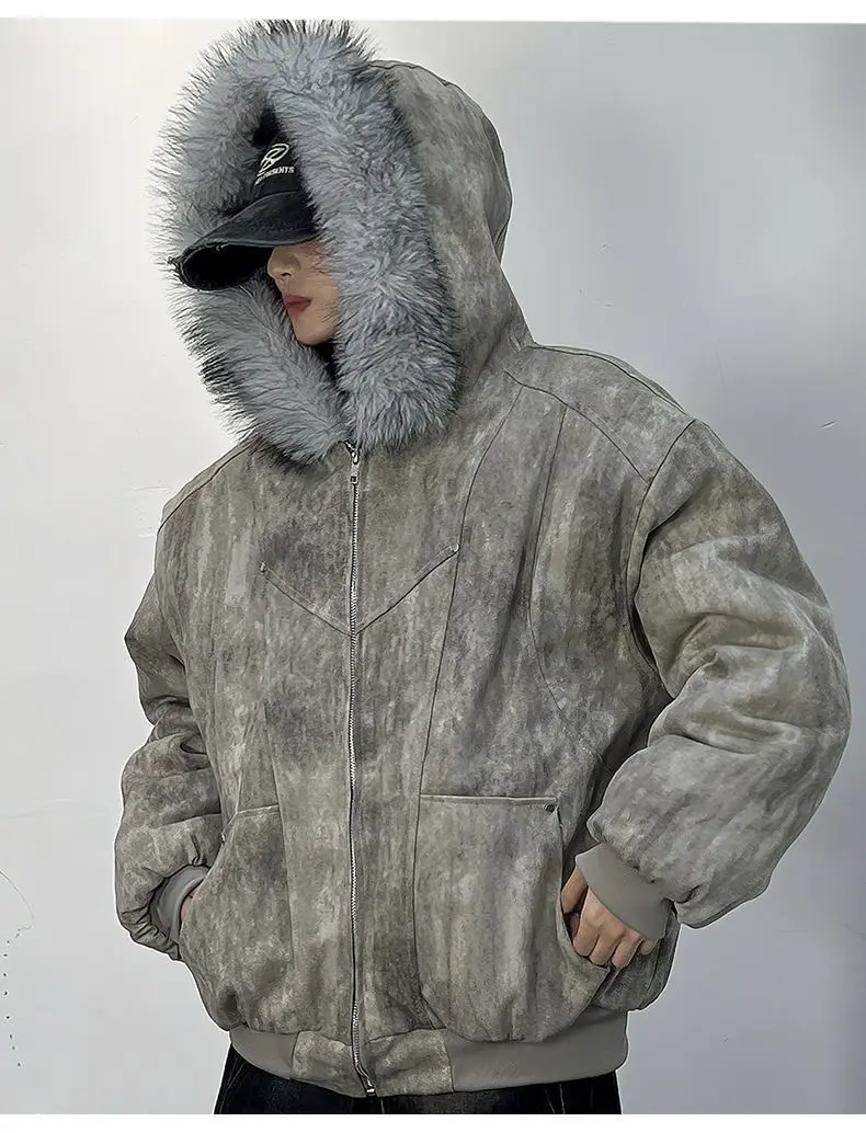 Mens Thick Fleece Lined Bomber Jacket Detachable Faux Fur Trim Hood Windbreaker Distressed Denim Style Zip Up Warm Coat Outwear