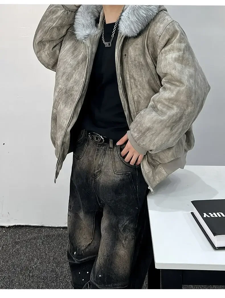 Mens Thick Fleece Lined Bomber Jacket Detachable Faux Fur Trim Hood Windbreaker Distressed Denim Style Zip Up Warm Coat Outwear
