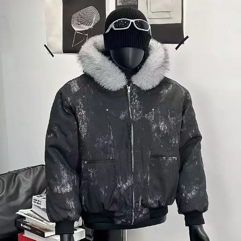 Mens Thick Fleece Lined Bomber Jacket Detachable Faux Fur Trim Hood Windbreaker Distressed Denim Style Zip Up Warm Coat Outwear