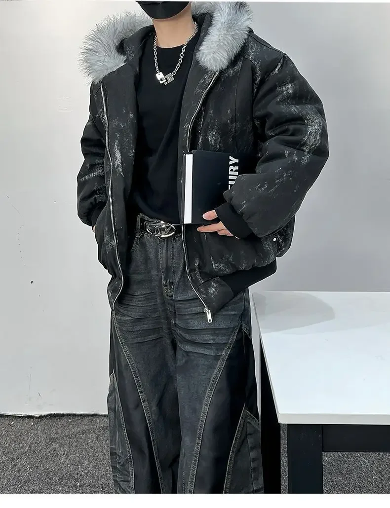 Mens Thick Fleece Lined Bomber Jacket Detachable Faux Fur Trim Hood Windbreaker Distressed Denim Style Zip Up Warm Coat Outwear