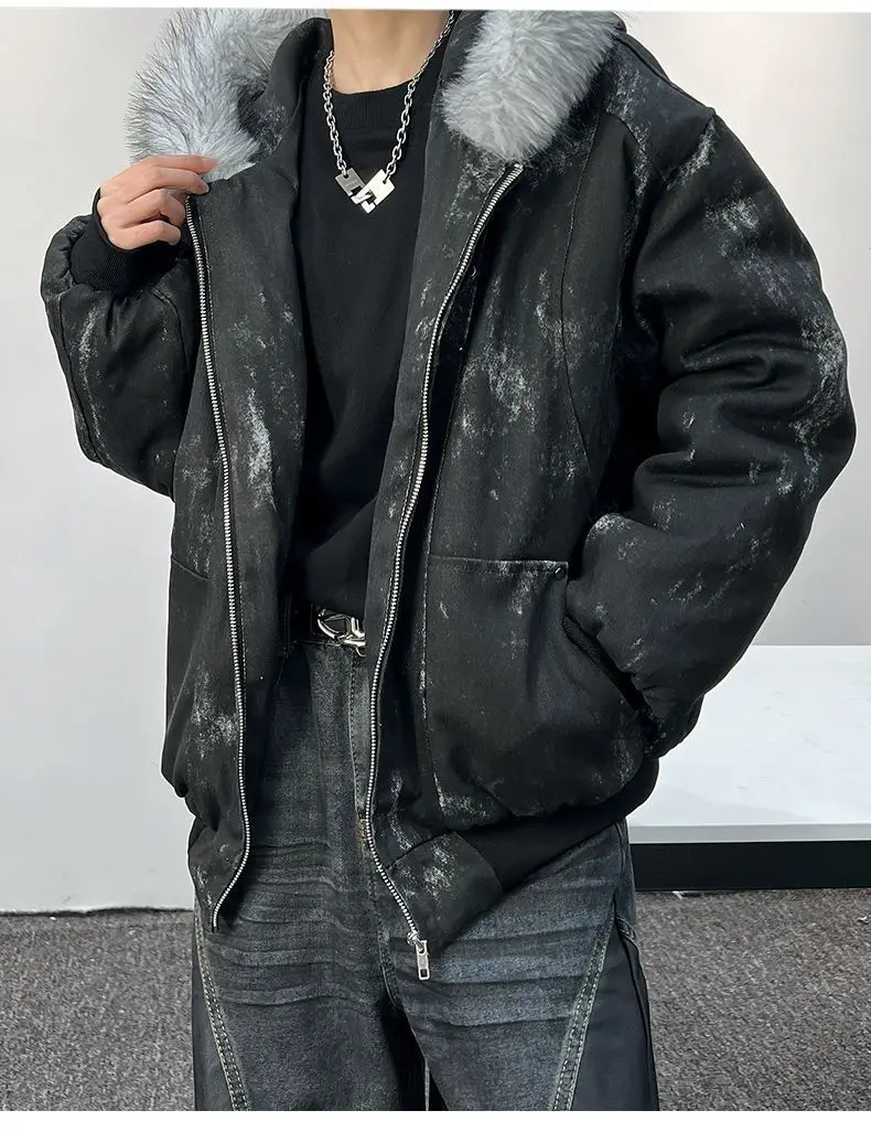 Mens Thick Fleece Lined Bomber Jacket Detachable Faux Fur Trim Hood Windbreaker Distressed Denim Style Zip Up Warm Coat Outwear