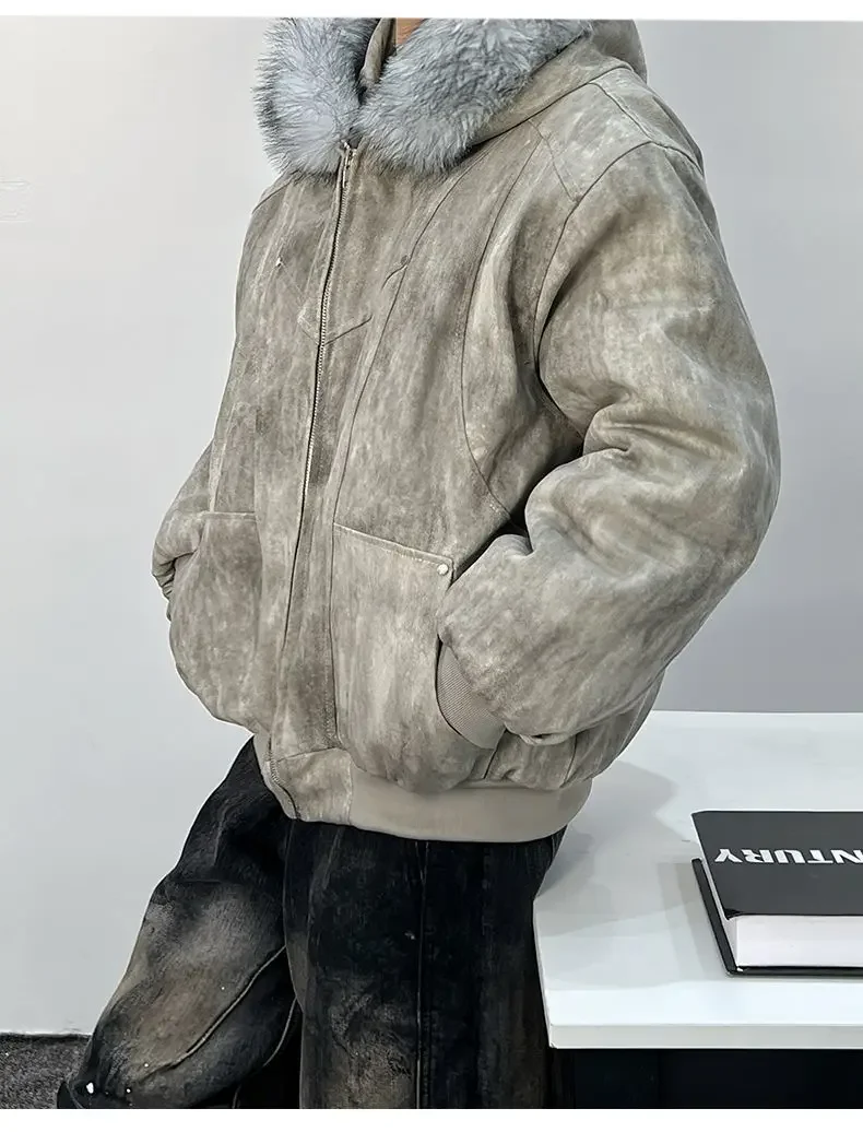 Mens Thick Fleece Lined Bomber Jacket Detachable Faux Fur Trim Hood Windbreaker Distressed Denim Style Zip Up Warm Coat Outwear