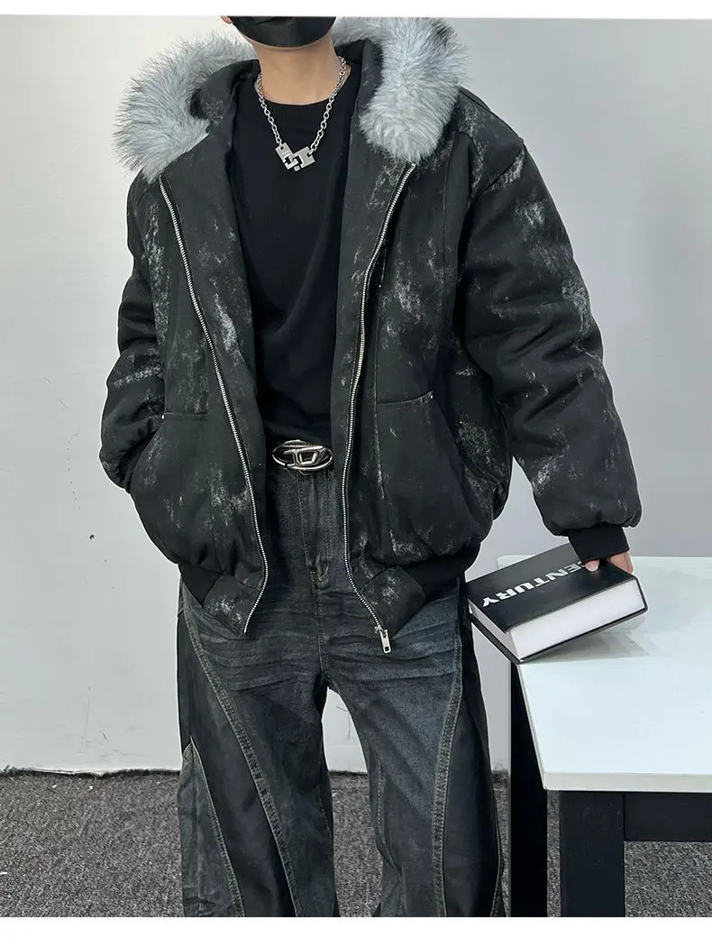 Mens Thick Fleece Lined Bomber Jacket Detachable Faux Fur Trim Hood Windbreaker Distressed Denim Style Zip Up Warm Coat Outwear