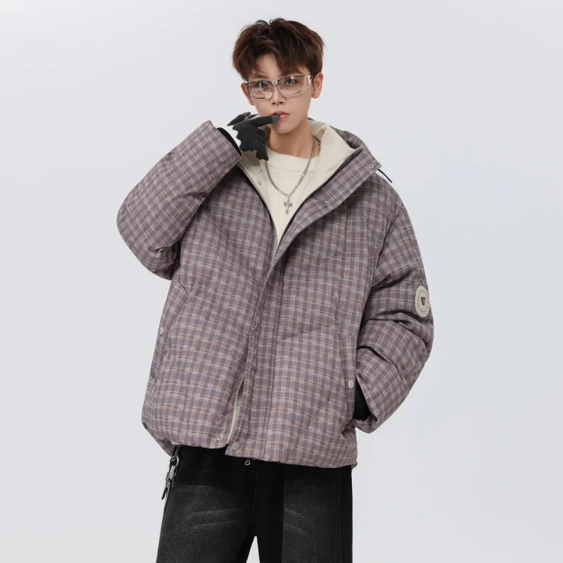 Hip-hop Winter Men Coat New Casual Thick Warm Women Parka Coat Streetwear Loose Hooded Grid Couple Coat