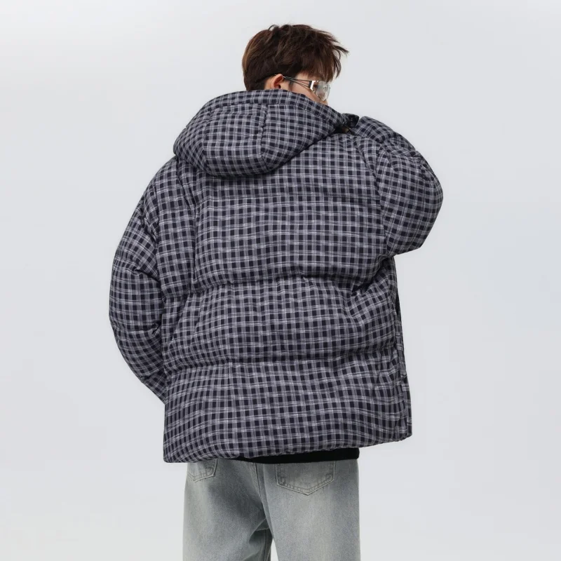 Hip-hop Winter Men Coat New Casual Thick Warm Women Parka Coat Streetwear Loose Hooded Grid Couple Coat