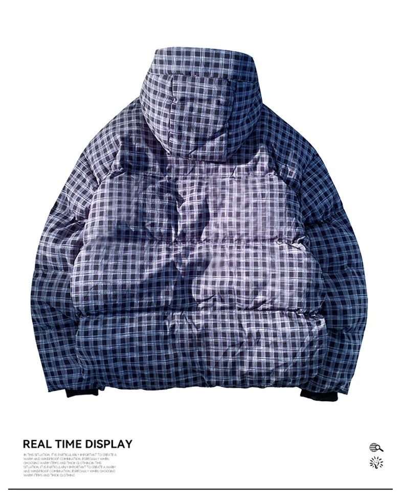 Hip-hop Winter Men Coat New Casual Thick Warm Women Parka Coat Streetwear Loose Hooded Grid Couple Coat