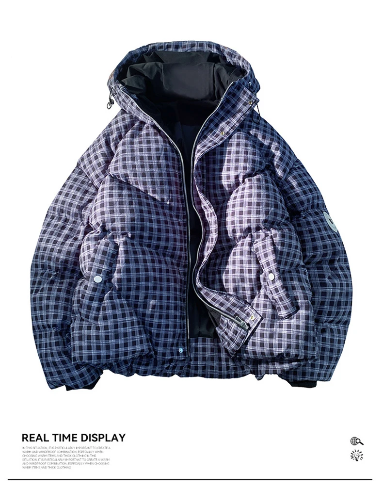Hip-hop Winter Men Coat New Casual Thick Warm Women Parka Coat Streetwear Loose Hooded Grid Couple Coat