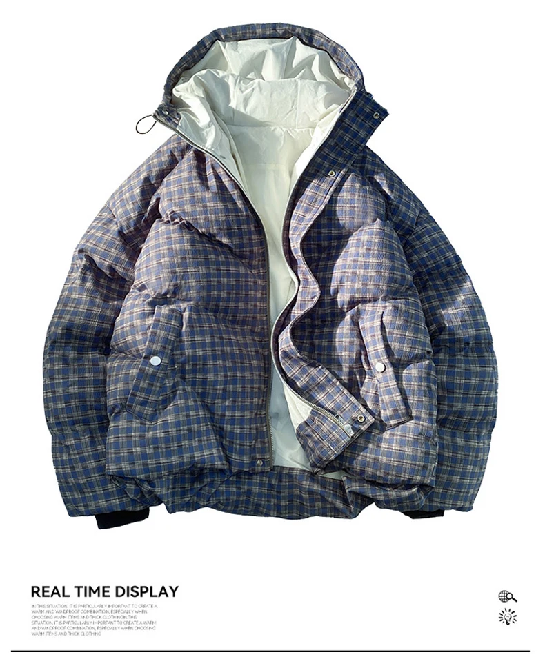 Hip-hop Winter Men Coat New Casual Thick Warm Women Parka Coat Streetwear Loose Hooded Grid Couple Coat
