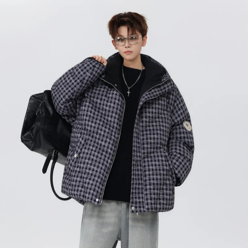 Hip-hop Winter Men Coat New Casual Thick Warm Women Parka Coat Streetwear Loose Hooded Grid Couple Coat
