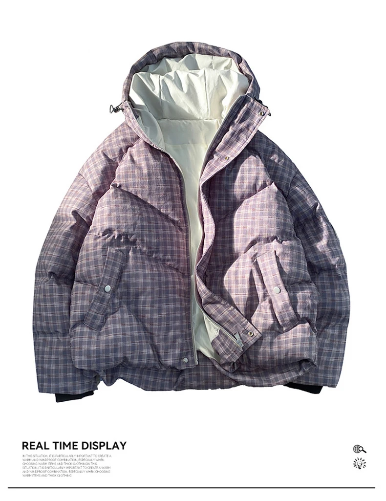 Hip-hop Winter Men Coat New Casual Thick Warm Women Parka Coat Streetwear Loose Hooded Grid Couple Coat