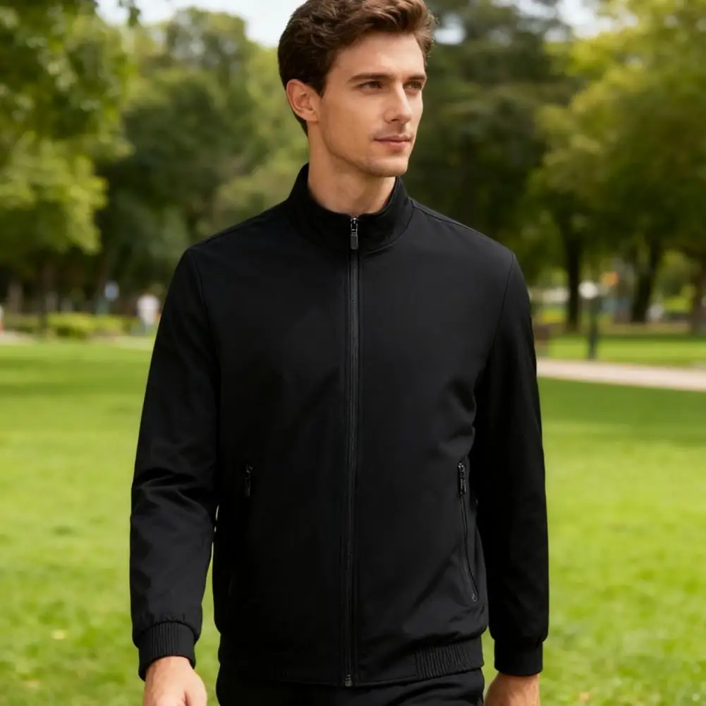 Men Windproof Jacket Versatile Men Coat Men's Stand Collar Jacket Windproof Long Sleeve Outerwear with Zipper Closure Smart
