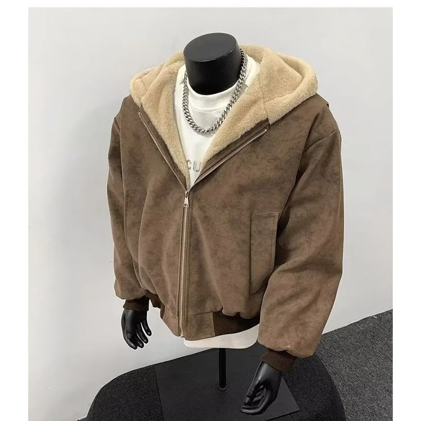 Winter New Fashion Men Black Grey Brown Solid Color Long Sleeve Hooded Thicken Parkas Male Casual Simple Basic Daily Coats Tops