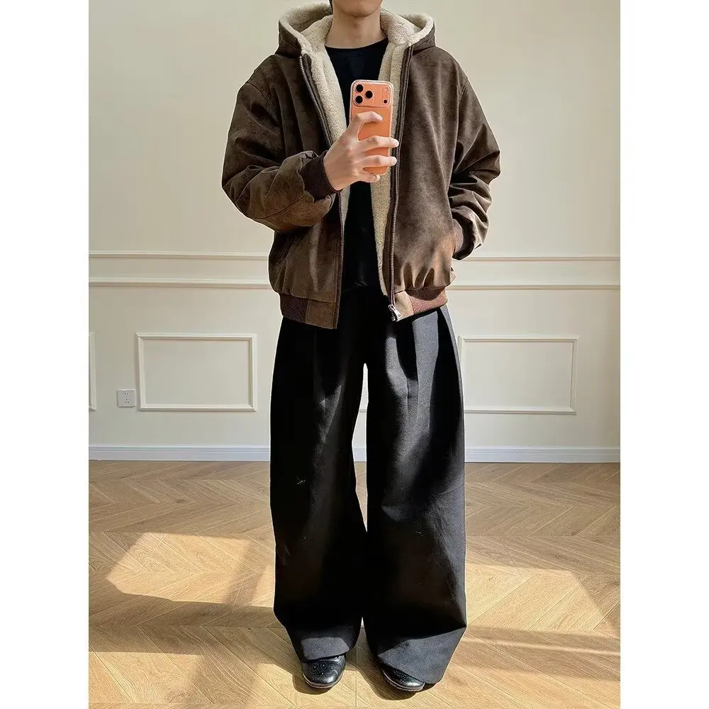 Winter New Fashion Men Black Grey Brown Solid Color Long Sleeve Hooded Thicken Parkas Male Casual Simple Basic Daily Coats Tops
